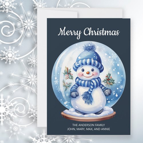 Snowman Snowglobe Navy Blue White Merry Christmas Holiday Card