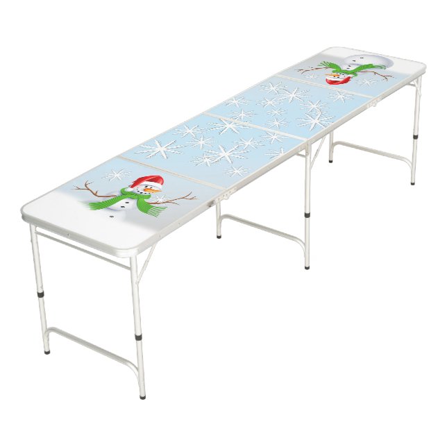 Snowman Snowing Christmas Beer Pong Table (Angled)