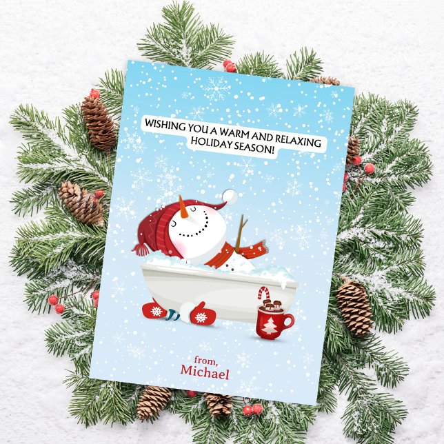 Snowman Soaking Christmas Card (Pair this fun Christmas card with a mug or Starbucks gift card and warm up someone's holiday season.)