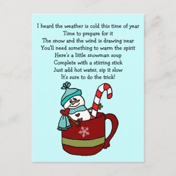 Snowman Soup Coffee Cup Mug Candy Cane And Hearts Postcard by HollyShop at Zazzle