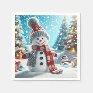 Snowman standing in winter landscape napkins