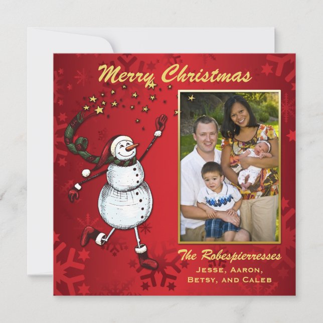 Snowman Stars on Red Photo Holiday Greeting (Front)