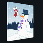 Snowman & Stocking Christmas Canvas Print<br><div class="desc">Snowman illustration in a Christmas scene with his own personal stocking pegged and hanging from a washing line.</div>