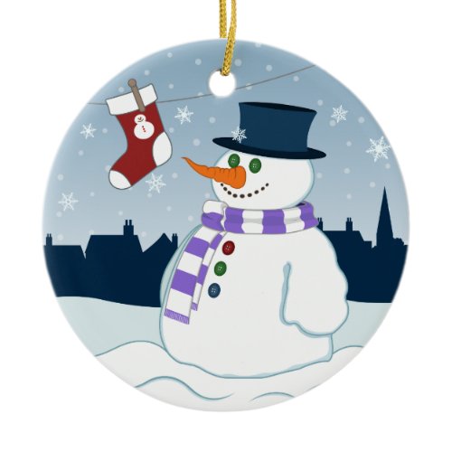 Snowman &amp; Stocking Christmas Ceramic Ornament