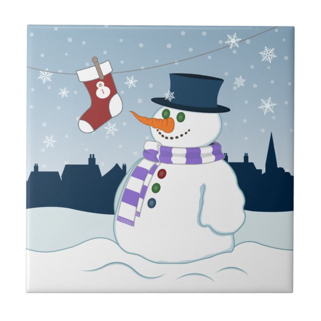 Snowman & Stocking Christmas Ceramic Tile (Front)