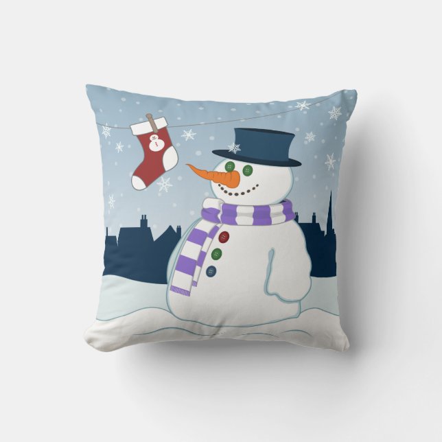 Snowman & Stocking Christmas Scene Throw Pillow (Front)