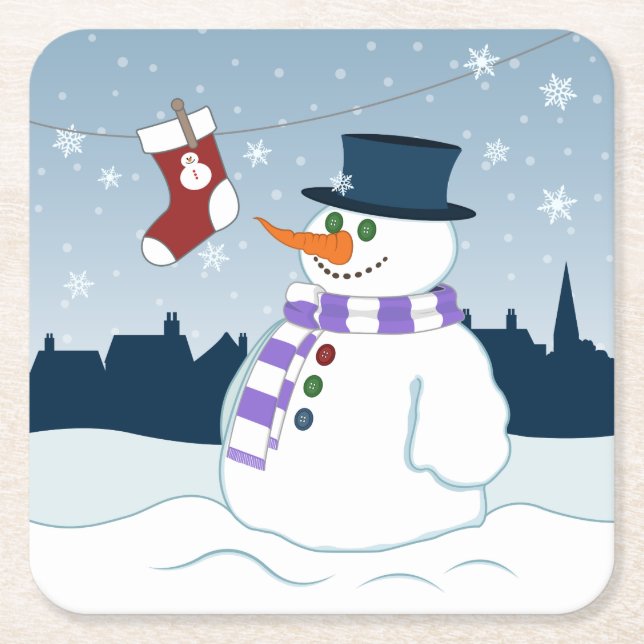 Snowman & Stocking Christmas Square Paper Coaster (Front)