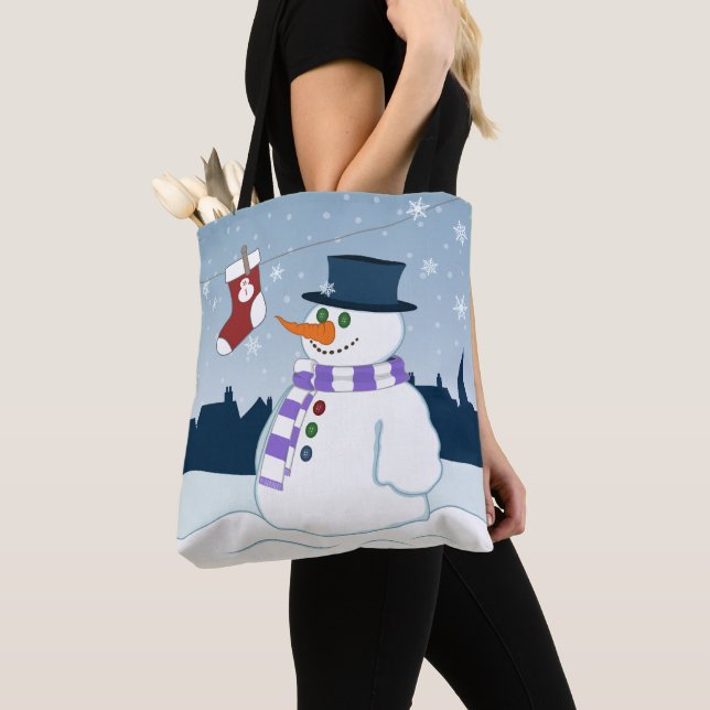 Snowman & Stocking Christmas Tote Bag (Close Up)
