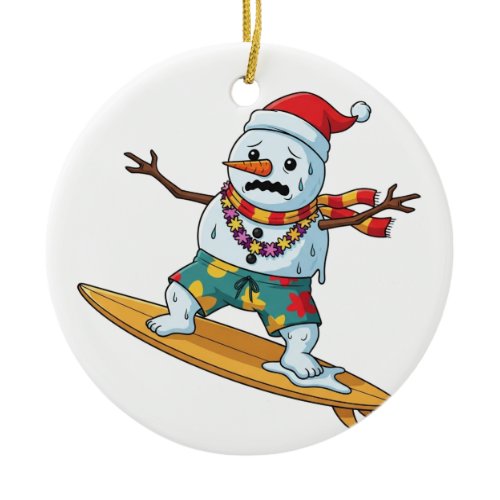 Snowman Surfer Christmas 2026 Funny Holiday Sports Ceramic Ornament