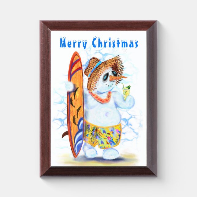 Snowman Surfer Funny Christmas Gift Plaque (Vertical)