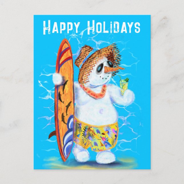 Snowman Surfer Funny Happy Holidays Postcard (Front)