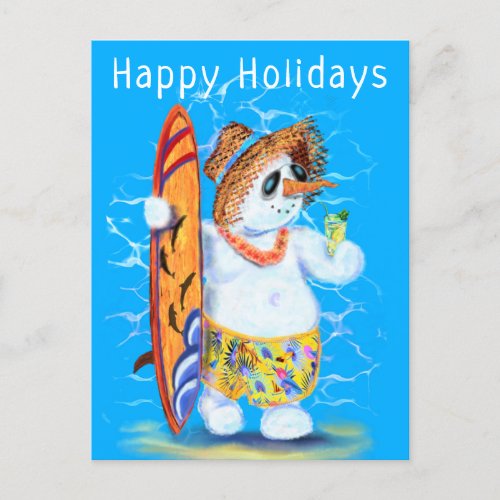 Snowman Surfer Happy Holidays Funny Postcard