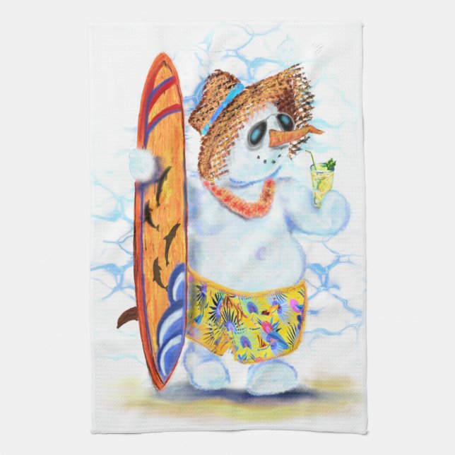 Snowman Surfer Kitchen Towel (Vertical)