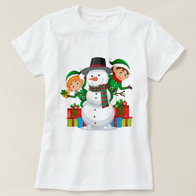 Snowman T-Shirt (A white t-shirt with a cartoon image of a snowman with a black hat and a red and green scarf!)