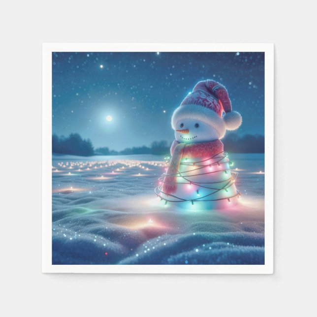 Snowman Tangled In Glowing Christmas Lights Napkins (Front)