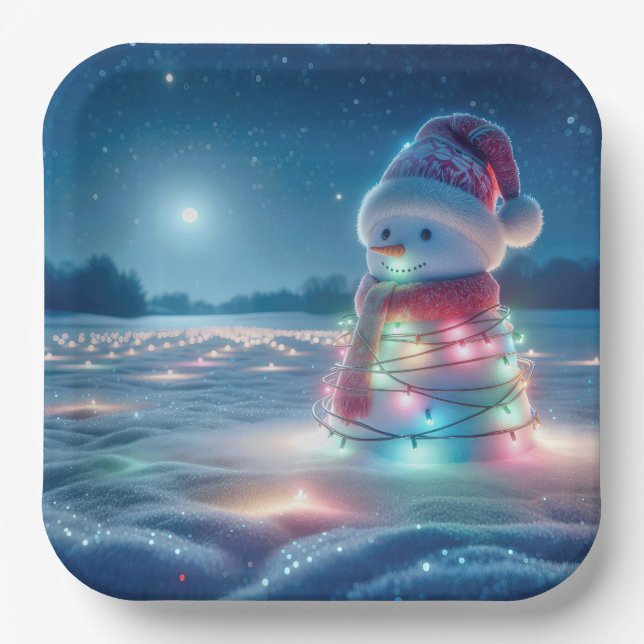 Snowman Tangled In Glowing Christmas Lights Paper Plates (Front)
