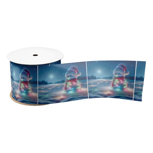 Snowman Tangled In Glowing Christmas Lights Satin Ribbon (Spool)