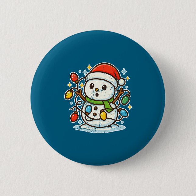 Snowman Tangled In Holiday Lights Premium Tri-blen Button (Front)