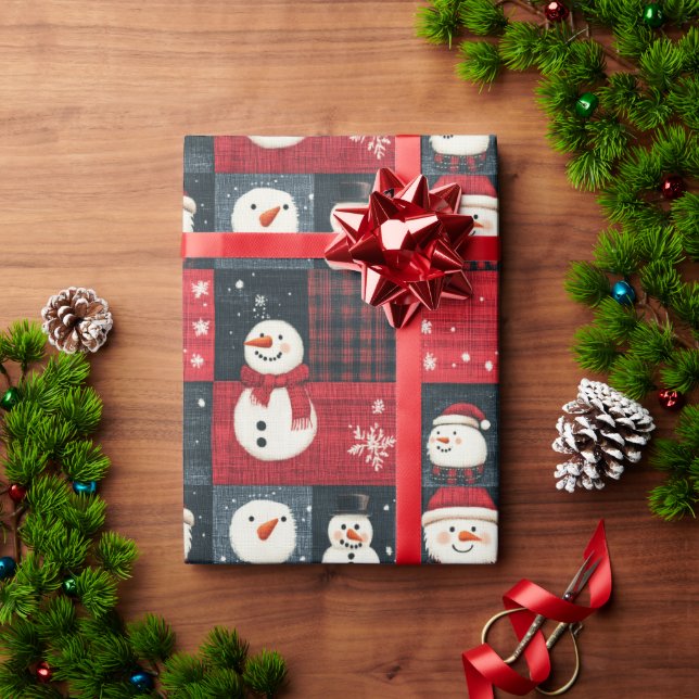 Snowman Tartan Plaid Red & Black Christmas Wrapping Paper (Holiday Gift)