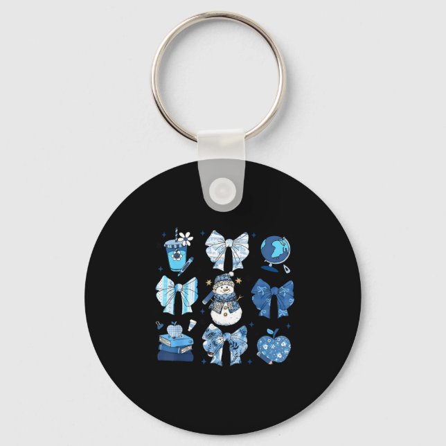 Snowman Teacher Winter Bows Clroom Cute Blue Aesth Keychain (Front)