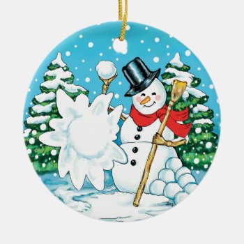 Snowman Throwing A Snowball Winter Fun Splat! Ceramic Ornament by gingerbreadwishes at Zazzle