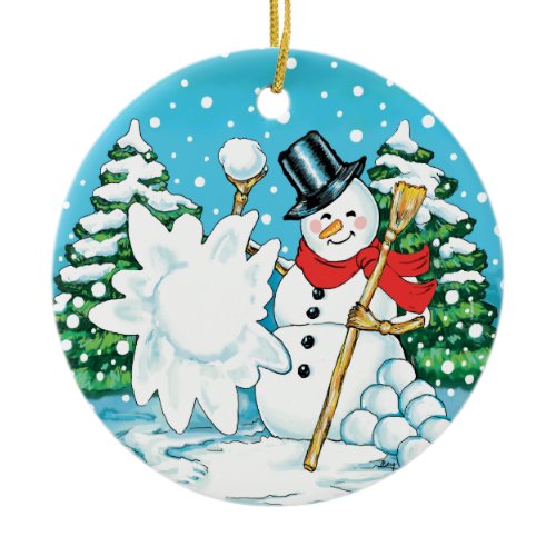 Snowman Throwing a Snowball Winter Fun Splat! Ceramic Ornament
