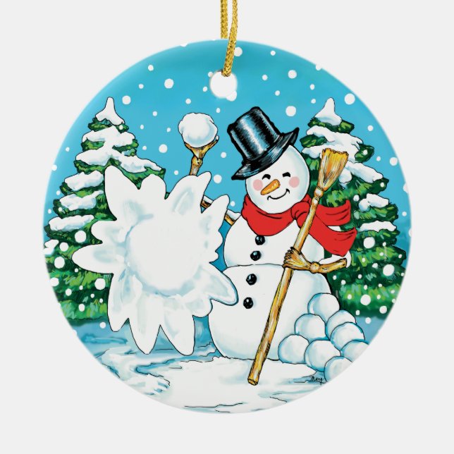 Snowman Throwing a Snowball Winter Fun Splat! Ceramic Ornament (Front)