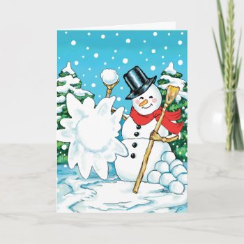 Snowman Throwing A Snowball Winter Fun Splat! Holiday Card by gingerbreadwishes at Zazzle