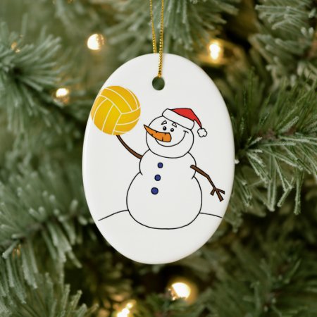 Snowman Throwing Water Polo Ball Ornament. Ceramic Ornament
