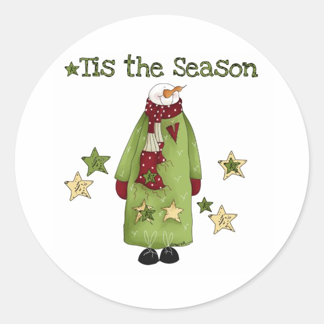 Snowman Tis the Season Prim Country Classic Round Sticker (Front)