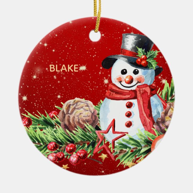 Snowman Top Hat – Baby Keepsake Personalized Ceramic Ornament (Front)