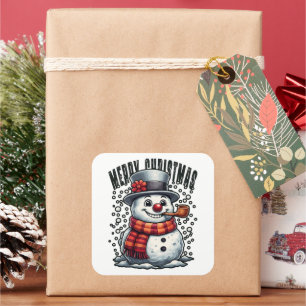 Snowman Top Hat Pipe Merry Christmas Square Sticker