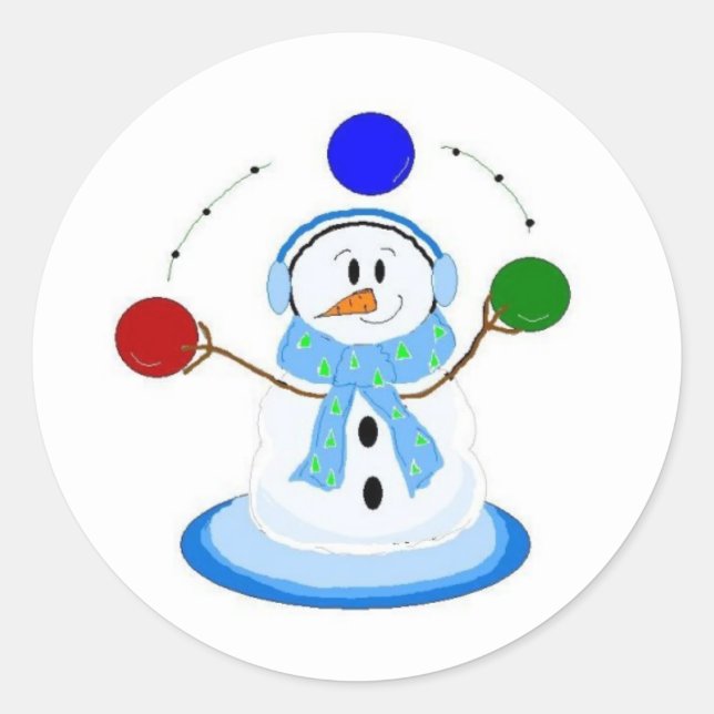 Snowman Tossing Balls Classic Round Sticker (Front)