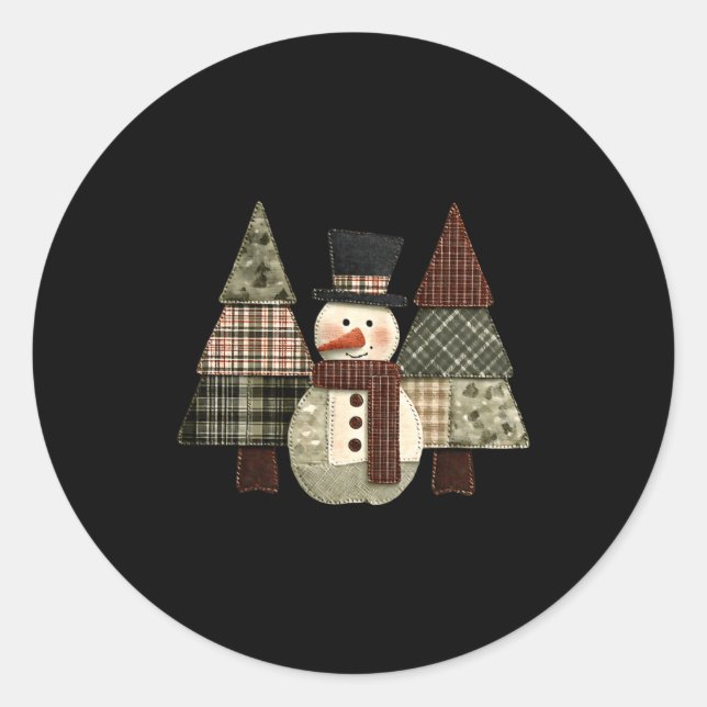 Snowman Trees Patchwork Plaid Trees Rustic Christm Classic Round Sticker (Front)