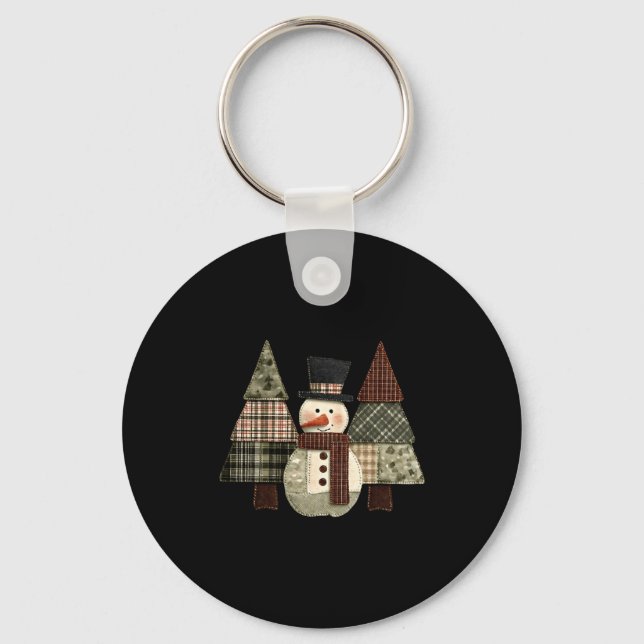 Snowman Trees Patchwork Plaid Trees Rustic Christm Keychain (Front)