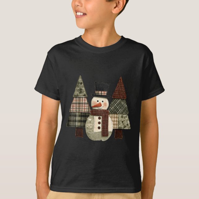 Snowman Trees Patchwork Plaid Trees Rustic Christm T-Shirt (Front)