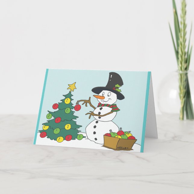 Snowman Trimming  Tree Holiday Card (Front)