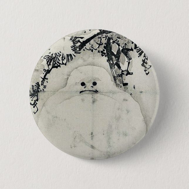 Snowman under a Pine by Taki, Katei Ukiyoe Pinback Button (Front)