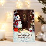 Snowman Vintage Christmas Scene Card<br><div class="desc">This in an adorable Christmas greeting card to send to your customers, suppliers or clients. The card features a scene of a cute snowman with gifts at the front door of a house in a vintage watercolor image. All the text on the card is customizable. If you do not want...</div>