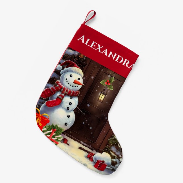 Snowman Vintage Christmas Scene Small Christmas Stocking (Front (Hanging))