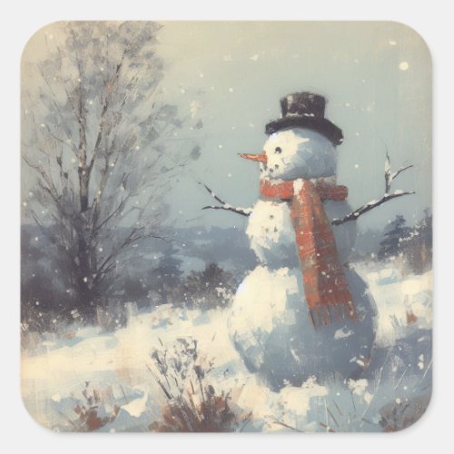 Snowman Vintage Painting Square Sticker