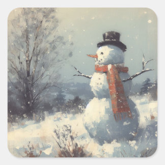 Snowman Vintage Painting Square Sticker