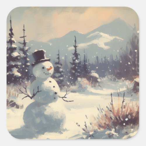 Snowman Vintage Painting Square Sticker