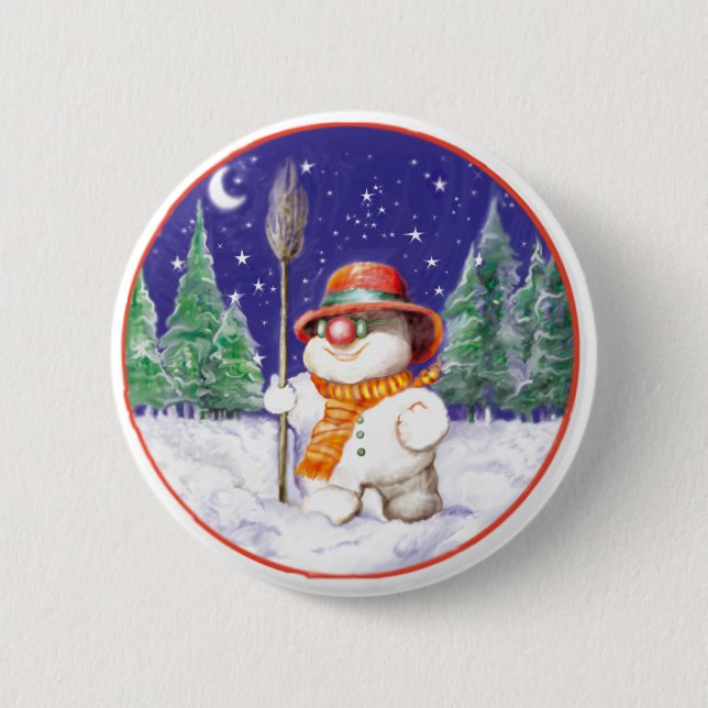 *Snowman walking in the night* Pinback Button (Front)