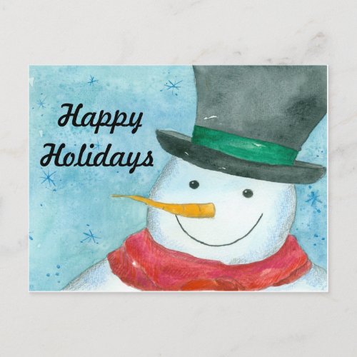 Snowman Watercolor Art Happy Holidays Holiday Postcard