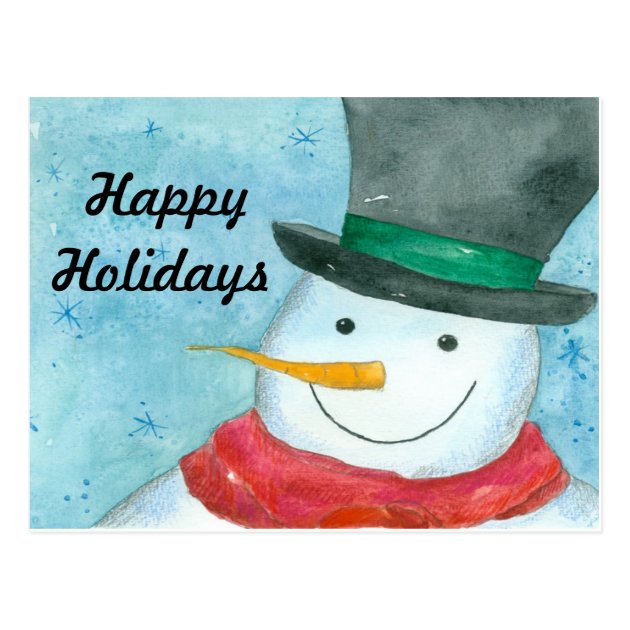 Snowman Watercolor Art Happy Holidays Postcard