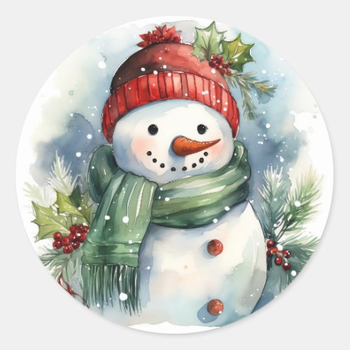 Snowman Watercolor Cute Christmas Classic Round Sticker