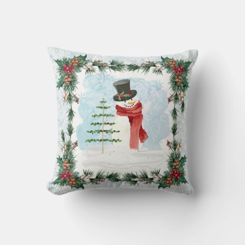 Snowman Watercolor Holly Pine Foliage Blue Winter  Throw Pillow