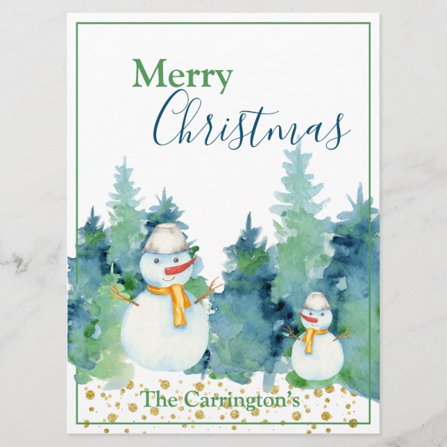 Snowman Watercolor Trees Merry Christmas Holiday (Front)