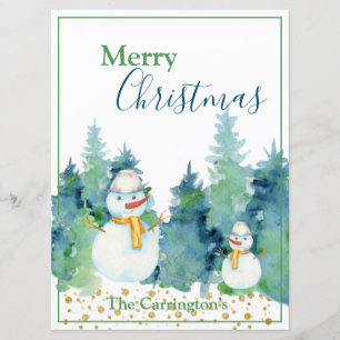Snowman Watercolor Trees Merry Christmas Holiday